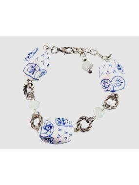 Handcrafted Bead Bracelet Blue white Owl Silver-Tone Chain boho cottage jewelry